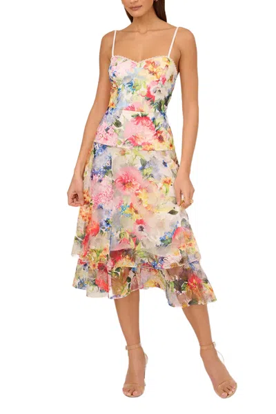 Adrianna Papell Adae211291 Printed Floral Midi Cocktail Dress In Multi