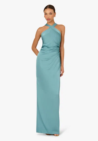 Adrianna Papell Adae213052 Halter Floor-length Satin Formal Dress Slit In Blue