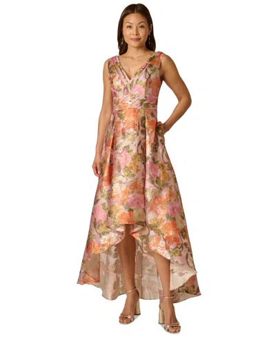 Adrianna Papell Metallic Floral Jacquard High Low Gown In Yellow Orange Multi