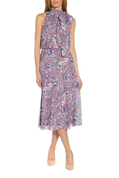 Adrianna Papell Ap1d104621 Short Blouson Floral Print Cocktail Midi Dress In Purple