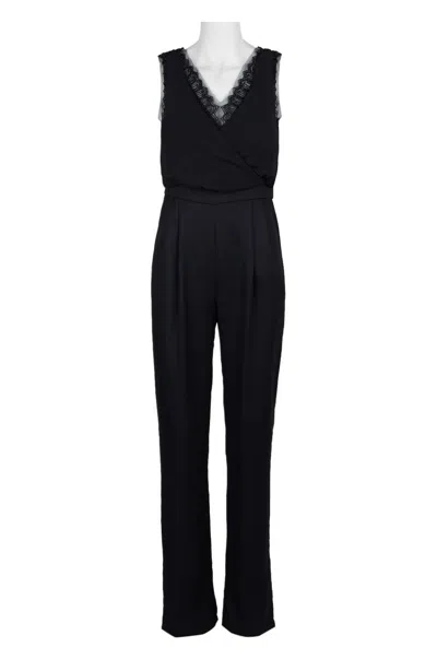 Adrianna Papell Ap1e203142 V-neck Sleeveless Solid Mesh Chiffon Jumpsuit In Black