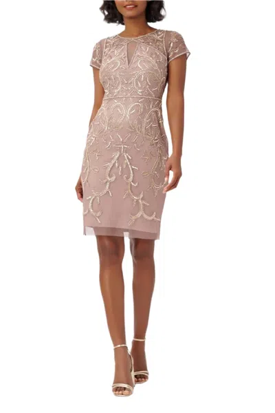 Adrianna Papell Short Sleeves Short Beaded Mesh Dress In Stone In Pink
