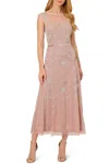 Adrianna Papell Ap1e210426 P Bead Sequin Petite Midi Length Cocktail Dress In Pink