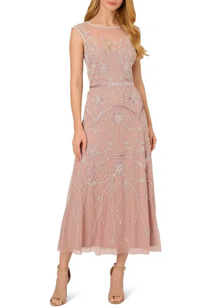 Adrianna Papell Ap1e210426 P Bead Sequin Petite Midi Length Cocktail Dress In Pink