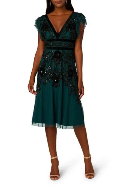 Adrianna Papell Ap1e211437 Short Beaded Velvet Cocktail Midi Dress In Green
