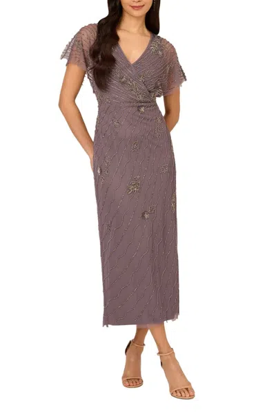 Adrianna Papell Ap1e211493 Beaded Long Formal Tea Length Dress In Brown