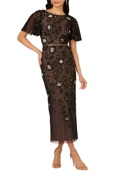 Adrianna Papell Ap1e211670 Beaded Formal Sequin Tea Length Dress In Black