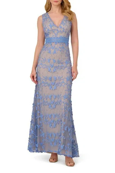 Adrianna Papell Ap1e211880 Long Formal Floral Lace Evening Dress In Blue