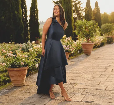 Adrianna Papell Ap1e212227 One-shoulder High-low Satin Formal Tiered Gown In Blue
