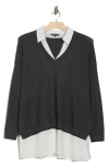 Adrianna Papell Argyle Twofer Sweater In Graphite/black/ivory