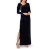 Adrianna Papell Asymmetric Long Sleeve Ruched Velvet Gown In Black