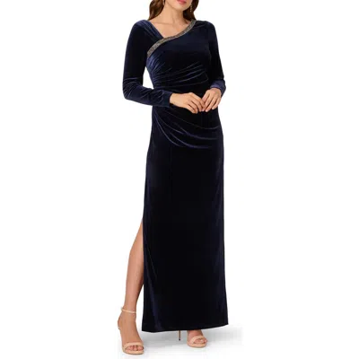 Adrianna Papell Asymmetric Long Sleeve Ruched Velvet Gown In Black