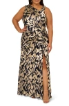 Adrianna Papell Plus Size Foil-print Asymmetric Gown In Gold