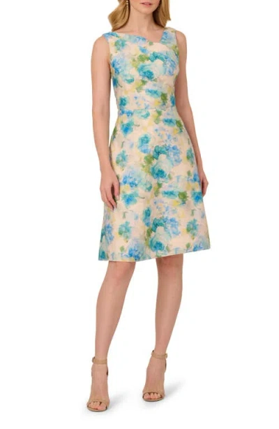 Adrianna Papell Asymmetric Metallic Jacquard Dress In Ivory/blue Multi