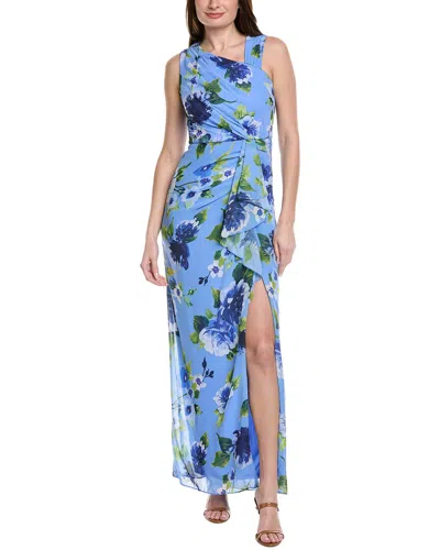 Adrianna Papell Asymmetrical Draped Floral Chiffon Gown In Blue Multi