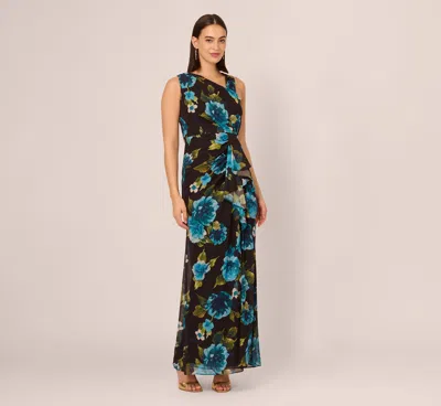 Adrianna Papell Asymmetrical Draped Floral Chiffon Gown In Black Multi