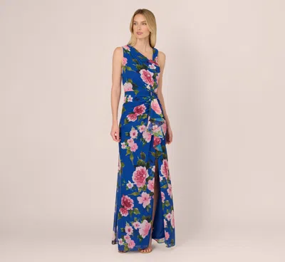 Adrianna Papell Asymmetrical Draped Floral Chiffon Gown In Dark Blue Multi