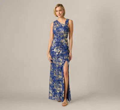 Adrianna Papell Asymmetrical Draped Stretch Metallic Lace Gown In Navy Gold In Multi