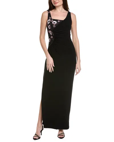 Adrianna Papell Sleeveless Asymmetrical Floral Beaded Jersey Gown In Black Multi
