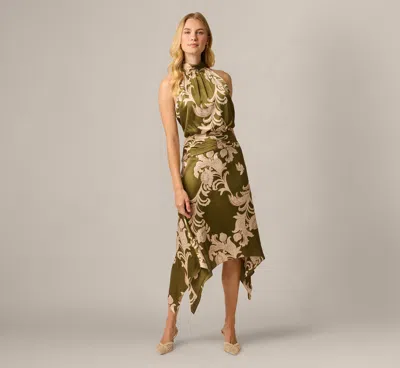 Adrianna Papell Baroque Scroll Print Satin Handkerchief Hem Midi Dress In Olive Ecru In Olive/ecru