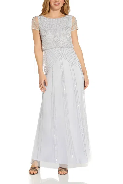 Adrianna Papell Bateau Neck Short Sleeves Long Gown In Serenity In Blue