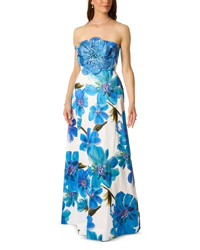 Adrianna Papell Strapless 3d Floral Beaded Dupioni Gown In Ivory Blue Multi