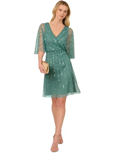 Adrianna Papell Bead Embellished Flutter-sleeve A-line Dress In Greenslate