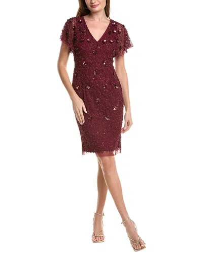 Adrianna Papell Bead Mesh Flutter Sheath In Burgundy