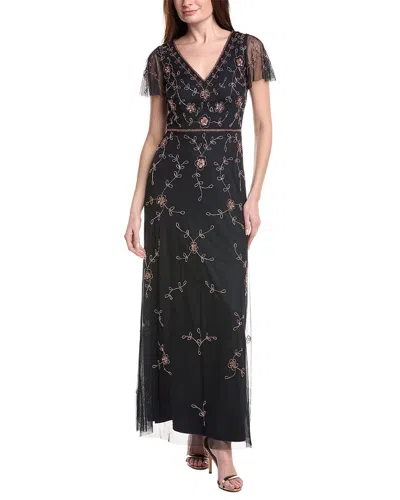 Adrianna Papell Bead V Neck Long Dress In Black