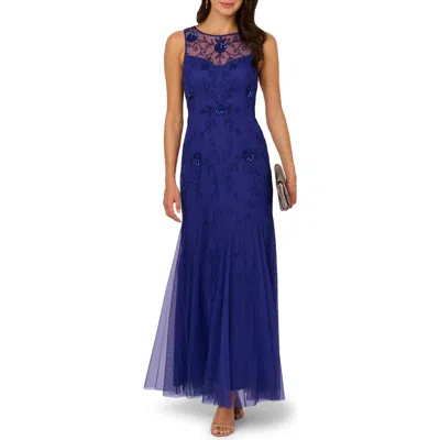 ADRIANNA PAPELL ADRIANNA PAPELL BEADED APPLIQUÉ RUFFLE CREPE GOWN