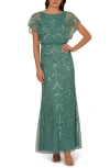 Adrianna Papell Beaded Blouson Bodice Mesh Gown In Green Slate