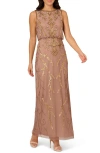 Adrianna Papell Beaded Blouson Evening Gown In Brown