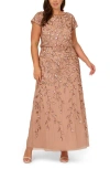 Adrianna Papell Beaded Blouson Gown In Rose Gold