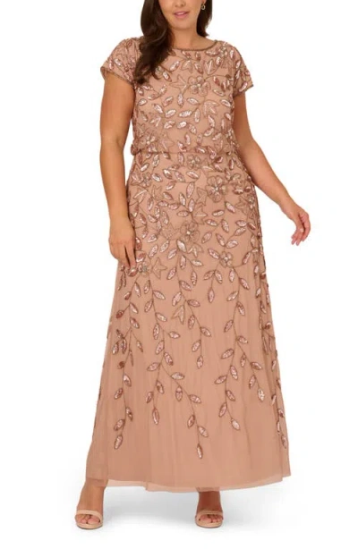 Adrianna Papell Beaded Blouson Gown In Neutral