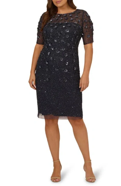 Adrianna Papell Beaded Cocktail Dress In Dusty Navy