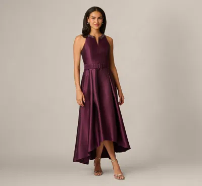Adrianna Papell Beaded Collar Mikado Fit And Flare High Low Gown In Pinot Noir