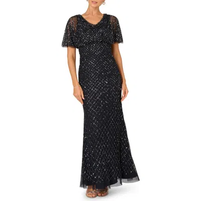 Adrianna Papell Beaded Cowl Neck Evening Gown In Blue