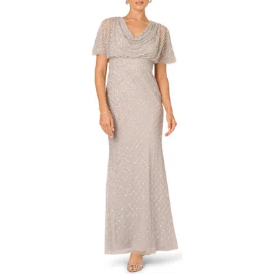 Adrianna Papell Beaded Cowl Neck Evening Gown In Gray
