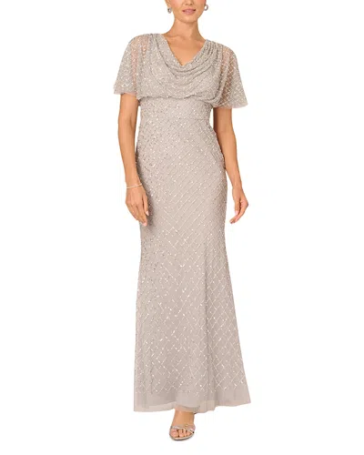 Adrianna Papell Beaded Cowl Neck Evening Gown In Gray