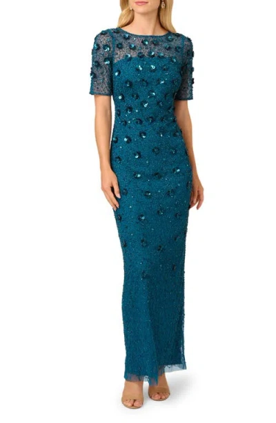 Adrianna Papell Beaded Evening Gown In Teal Sapphire