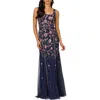 Adrianna Papell Beaded Floral Godet Gown In Blue