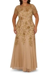 Adrianna Papell Beaded Floral Godet Gown In Brown