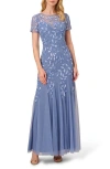 Adrianna Papell Beaded Mesh Illusion Gown In Blue