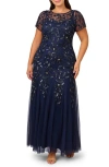 Adrianna Papell Beaded Floral Godet Gown In Light Navy