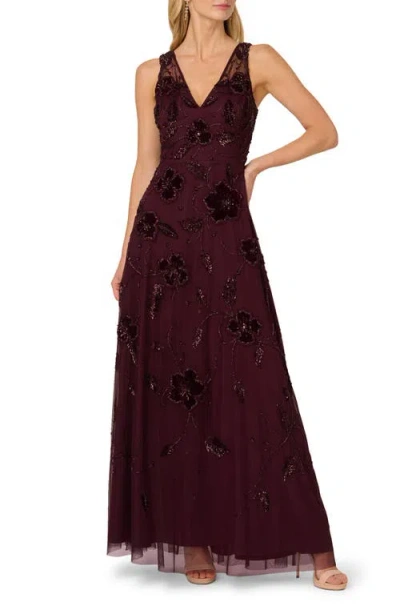 Adrianna Papell Beaded Floral Velvet Gown In Burgundy