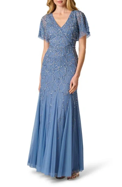 Adrianna Papell Beaded Godet Evening Gown In Blue