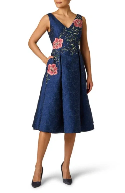 Adrianna Papell Jacquard Floral Beaded Fit And Flare Midi Dress In Midnight Multi