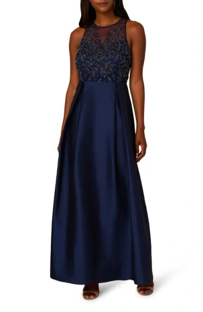 Adrianna Papell Womens Embellished Polyester Evening Dress In Light Navy