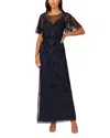 Adrianna Papell Beaded Mesh Blouson Column Gown In Navy/black