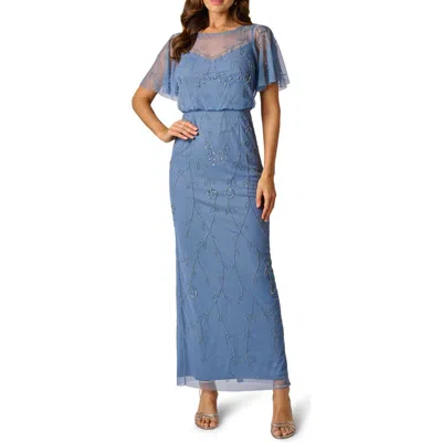 Adrianna Papell Beaded Mesh Blouson Gown In Blue